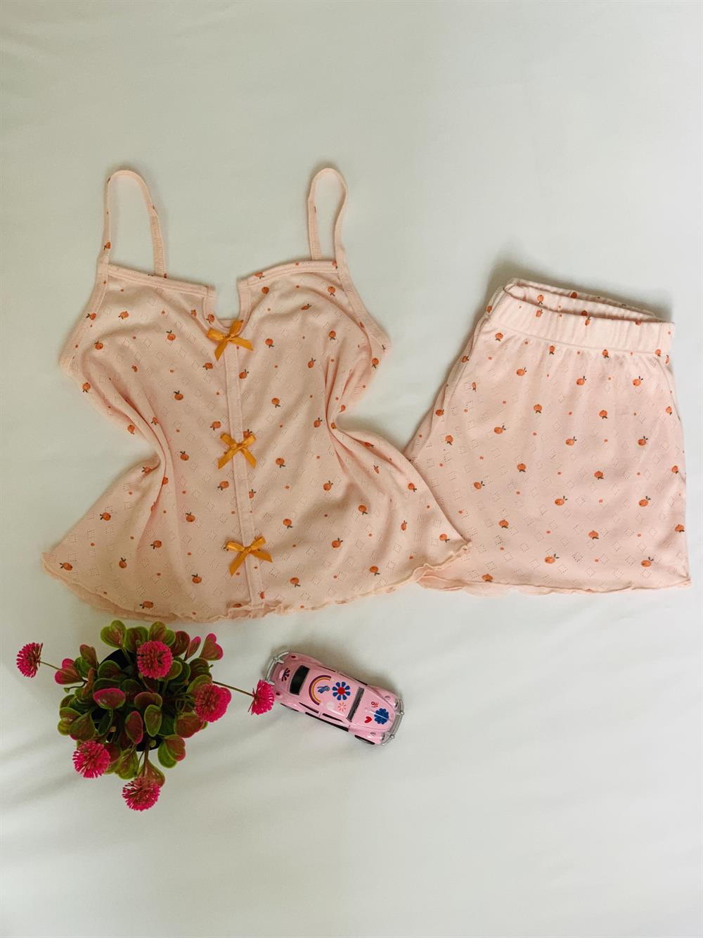 Kadın İp Askılı Pembe Kurdele Fiyonklu Portakal Desenli Şortlu Pamuklu Penye Kumaş Pijama Takımı