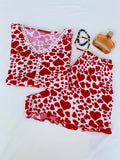 Kadın Kırmızı Kalp Desenli Kısa Kollu Şortlu Fırfır Detaylı Yumuşacık Bambu Kumaş Pijama Takımı