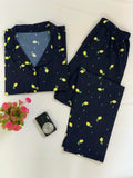 Kadın Siyah Limon Desenli Kısa Kollu Altı Uzun Önü Düğmeli Milan Kumaş Pijama Takımı